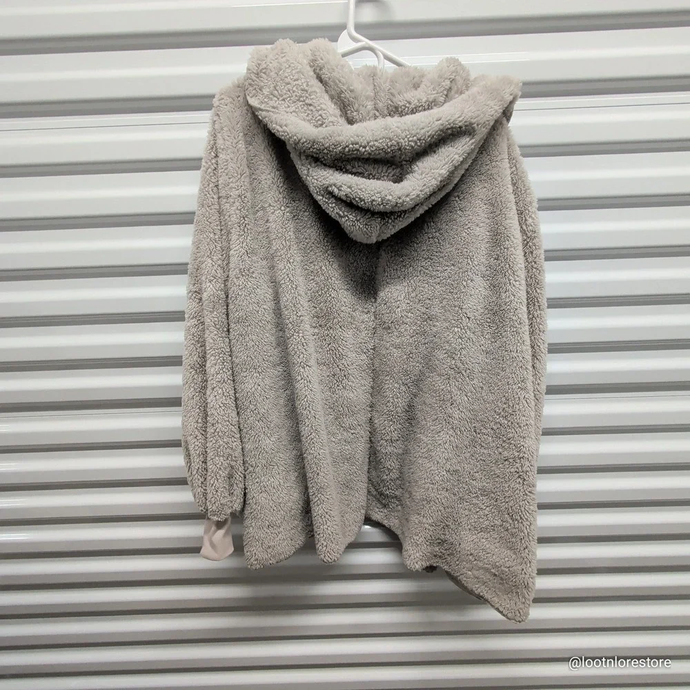Zenana Women's Large Grey Sherpa Hooded Cardigan Open Front‎ Fleece Jacket